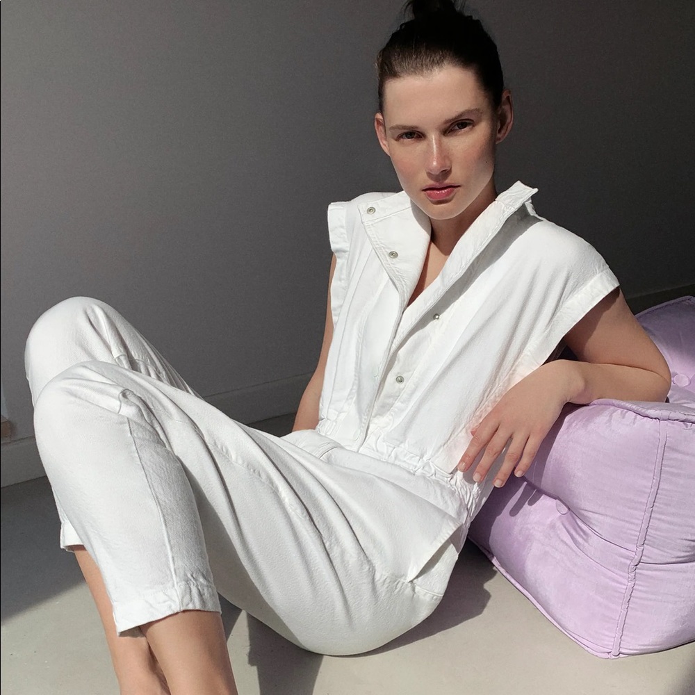 Zara White Denim Sleeveless Jumpsuit